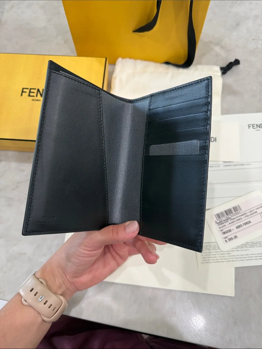 Fendi Black Leather Card Holder with Yellow Accent